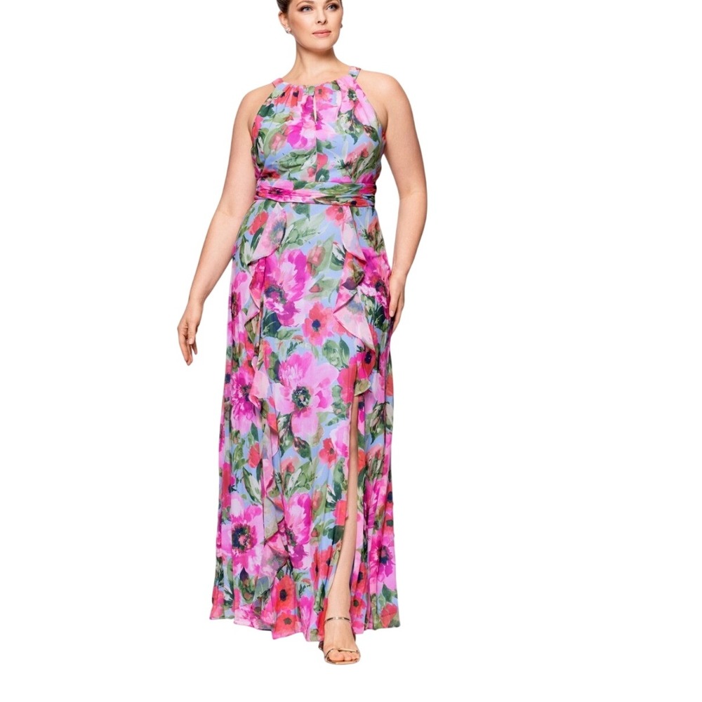 X by Xscape Floral Chiffon Maxi Dress Women 22W NWT Ruffle Halter Gown 189